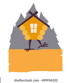 Hut in forest vector logo. Cartoon old house on chicken legs with window, baba yaga home. Fairy magic village is on the board. Symbol of fairytale forest, isolated on white background illustration