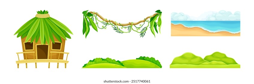 Hut, Green Bush and Shore as Tropical Landscape Element Vector Set