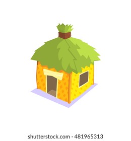 Hut With Green Leaves On The Roof Jungle Village Landscape Element. Cool Colorful Vector Illustration In Stylized Geometric Cartoon Design