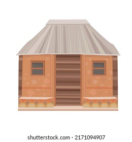 hut with grey thatched roof, clay walls, wooden door and cute decor
