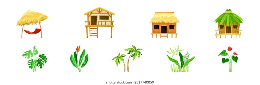 Hut, Hammock and Green Flora as Tropical Landscape Element Vector Set