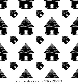 Hut Icon Seamless Pattern, Village Hut Icon Vector Art Illustration