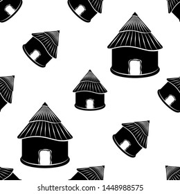 Hut Icon Seamless Pattern, Village Hut Icon Vector Art Illustration