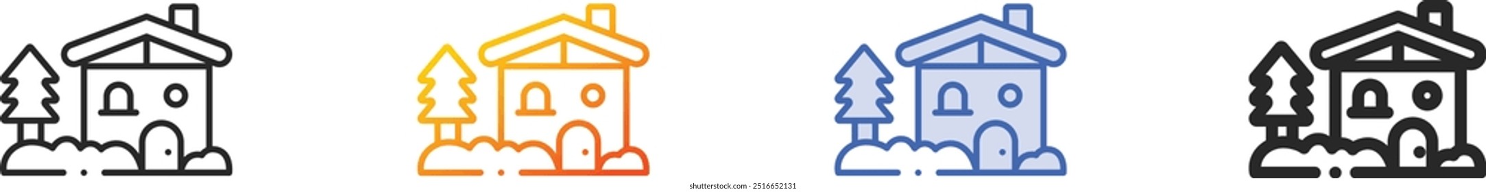 Hüttensymbol.Dünn linear, Farbverlauf, blauer Strich und kräftiges Stildesign einzeln auf weißem Hintergrund