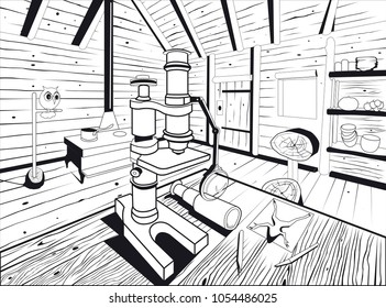 hut interior in black lines