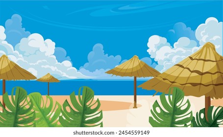 Hut Island Sea Summer Landscape View Kuta Beach Bali Illustration
