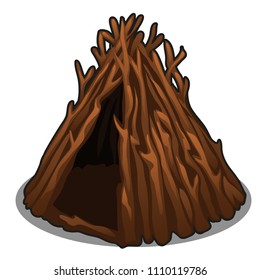 A hut made of dry branches of trees isolated on white background. Vector cartoon close-up illustration.