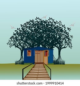 hut in the mangrove forest. illustration vector. world environment day