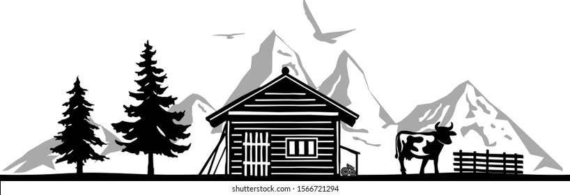 Hut Mountain Forest Landscape Skyline Silhouette Vector