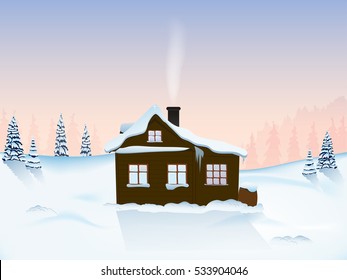 hut in the mountains at dawn. Christmas tree in the snow. a hanging down. pattern, poster, postcard, card. a scenic view. wildlife.