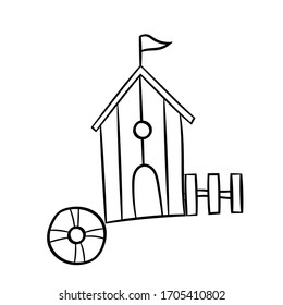 Hütte am Strand. Eine einfache Skizze von Hand gezeichnet.Sommer-Vektorillustration im Doodle-Stil auf weißem Hintergrund. Für das Design von Symbolen, Logos und Kinderfarbbüchern.