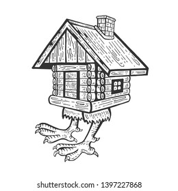 Hut on chicken legs Baba Yaga's house fairytale character engraving vector illustration. Scratch board style imitation. Hand drawn image.