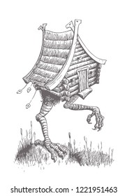 Hut on Chicken Legs Goes through the Swamp. The Character of the Slavic Tales. Vector Illustration in Classic Hand Drawn Ink Technique.