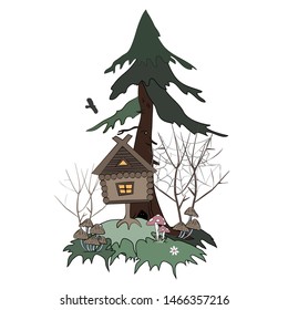 Hut on Chicken Legs Goes in the Foggy Swamp Forest. Cartoon isolated vector illustration. The Witch Baba Yaga House of the Slavic Tales.
