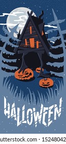 Hut on chicken legs with pumpkins in the forest on Halloween night.