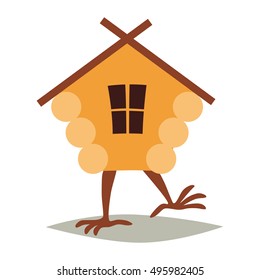 Hut on chicken legs vector. Cartoon house with window, baba yaga home.  Fairy magic village logo. Symbol of fairytale forest, isolated on white background illustration