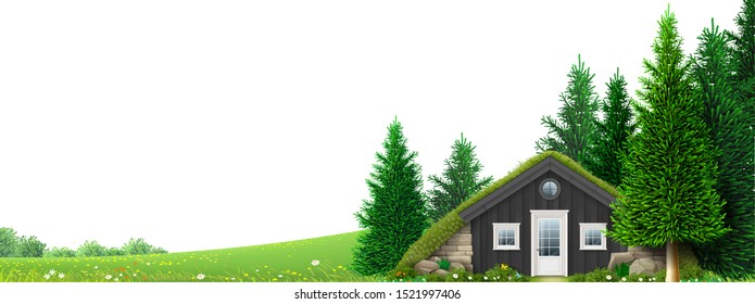 A hut on the edge of the forest. Background banner. Pine forest.