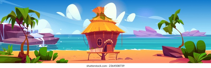 Hut on island beach tropical cartoon illustration. Hawaii summer house near sea and palm tree landscape. Paradise hotel shack building on sand . Seaside apartment for vacation on maldives lagoon