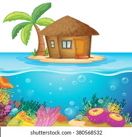 Hut on the island in the middle of the ocean illustration