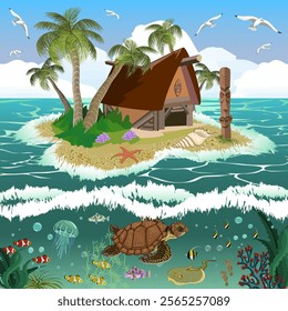 Hut on an island in the ocean.Vector illustration with a small wooden house under palm trees on an island in the ocean.