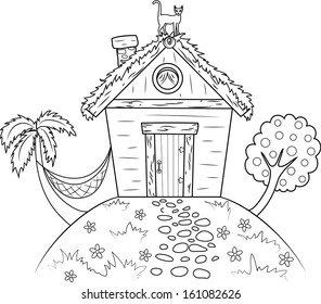 Hut on island with palm and tree