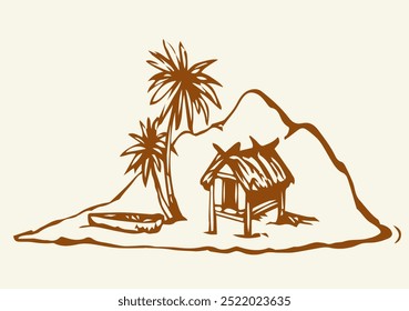 Hut on the island. Vector drawing