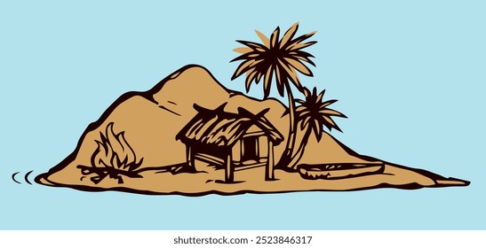 Hut on the island. Vector drawing