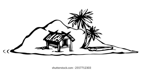 Hut on the island. Vector drawing