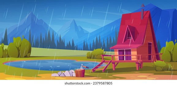 Hut on stilt near lake game vector. Rain scene with forest wood house and mountain view. Summer building shack in rainy weather and nature environment. Axe and stump near wooden cabin apartment