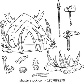 Hut of primitive man. Tent made of bones and skins. Set of prehistoric caveman items. Stone club, axe, meat, shaman rod.