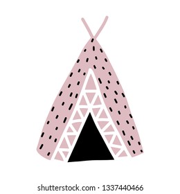 Hut of primitive man. Vector teepee with ethnic ornaments. Isolated on white background.
For kids, fabric, clothes design, bed linen, wallpaper, scrapbooking, stamping, stickers, signs, logo.