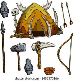 Hut of primitive prehistoric caveman from bones and hides. Stone axe, hammer, spear with stick, bow, arrow, totem. Set of weapons and tools for hunting and lifestyle. Cartoon sketch illustration