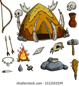 Hut of primitive prehistoric caveman from bones. Stone axe, hammer, bow, arrow, fire, skull. Set of weapons and tools for hunting and lifestyle. Cartoon sketch illustration