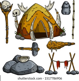 Hut of primitive prehistoric caveman from bones. Stone axe, hammer, totem, skull. Set of weapons and tools for hunting and lifestyle. Cartoon sketch illustration