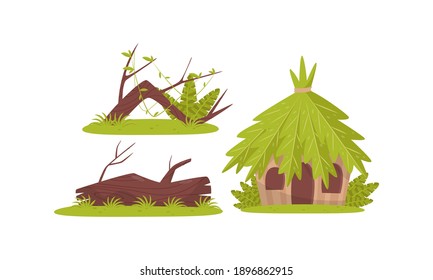 Hut with Roof of Green Palm Leaves and Logs as Tropical Jungle Landscape Elements Vector Set