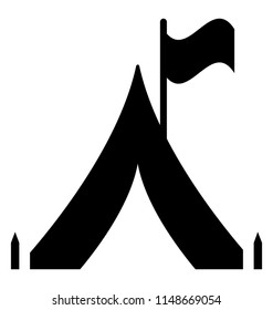 
A hut shape fabric with flag on it symbolising camping tent icon 
