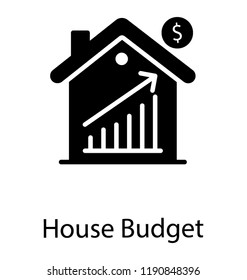 Hut shaped home with dollar and arrow upward showing house budget 