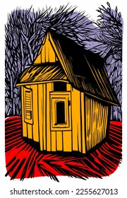 hut or small village house with thatched roof, flat cartoon vector illustration.
