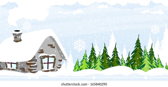 Hut in the snow covered pine forest. Winter landscape.