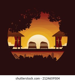 Hut Sunset Sun Resort Bali Holiday Landscape Circle View Illustration