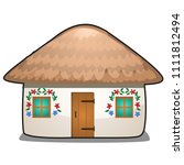 The hut with a thatched roof isolated on white background. Vector cartoon close-up illustration.