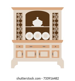 Hutch kitchen buffet with dishes of different bottles and glasses, cans and plates. Flat vector.