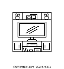 Hutch TV Stand. Black And White Vector Illustration. Modern Media Console. Line Icon Of Led Television Cabinet With Shelves. Symbol Of Living Room Furniture. Isolated Object On White Background