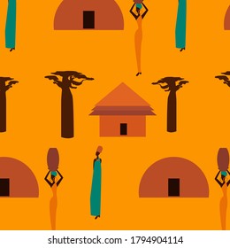 Casas en África. Cabañas de ilustración plana vectorial y baobabs.
Idea para el diseño.Imprimir en tela. Imagen estilizada de la vida africana. Ejemplo abstracto de motivos africanos.