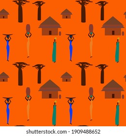 Huts in Africa. Vector flat illustration  huts and african girls.
 Stylized trible image. Abstract illustration of african motifs.