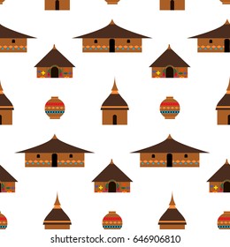 Huts in Africa. Vector flat illustration  huts and.Ethnic architecture.Ethnic Huts.
jug. Idea for design. Print on fabric. Stylized image of African houses.  Abstract illustration of african motifs.