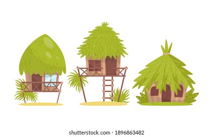 Huts and Bungalow with Roof of Green Palm Leaves as Tropical Jungle Landscape Elements Vector Set