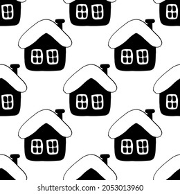 huts houses seamless pattern hand drawn doodle. vector, minimalism, monochrome. textiles, wrapping paper, wallpaper. winter fairytale village