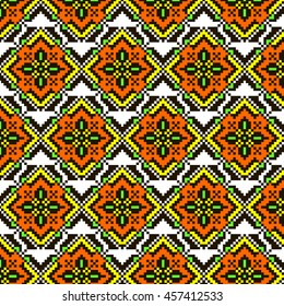 Hutsul embroidery print template for fabric and paper.  Vector Seamless pattern in Ukrainian folk art style with ethnic ornament. Hutsul  pattern and  traditional colors.