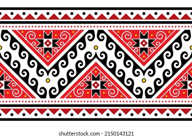 Hutsul Pisanky - traditional Ukrainian Easter eggs vector seamless pattern or long border inspired by folk art from Ukraine. Ukrainian background in red and black with stars and geometric shapes

